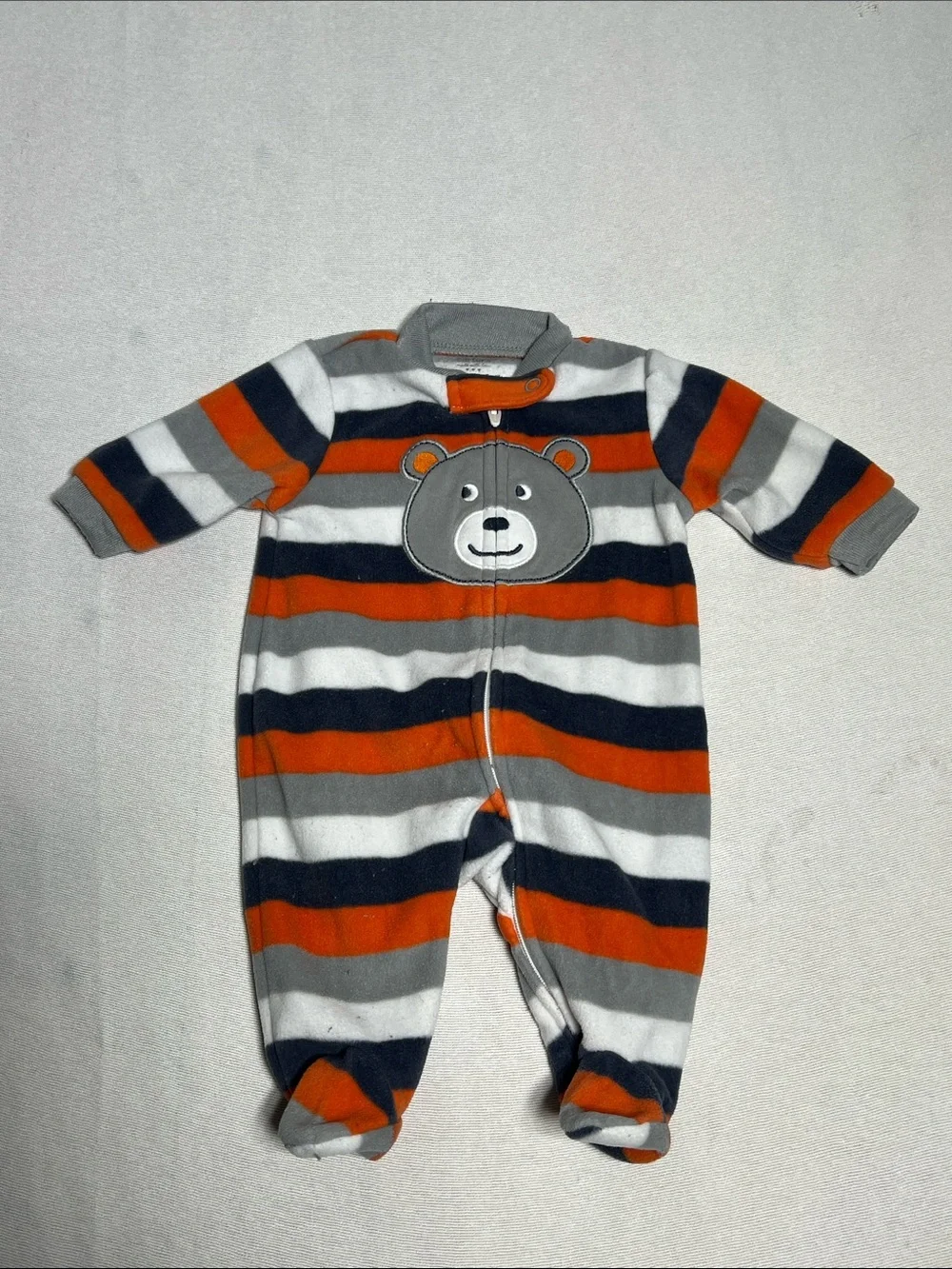 Carter's Orange Gray Navy White Striped Bear Fleece One-Piece